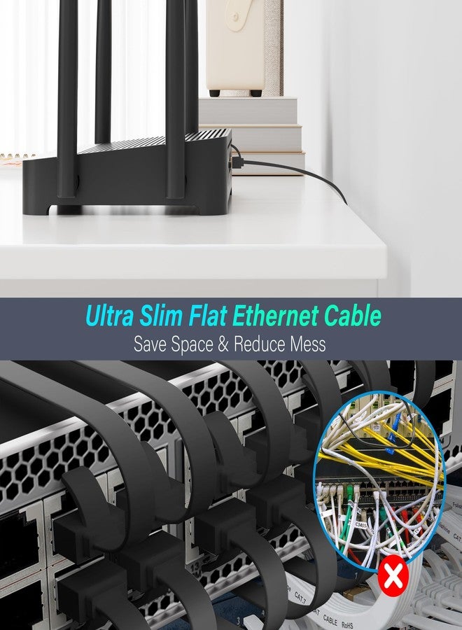 Adoreen Cat 7 Flat Ethernet Cable 0.6 Ft/10 Pack, High-Speed Shielded Internet Network Cable with Low Profile&Compact RJ45 Connector, Thin Slim Short Cat 6E 6A Patch Cord,S/FTP,POE,10Gbps 600MHZ,Black - Image 3